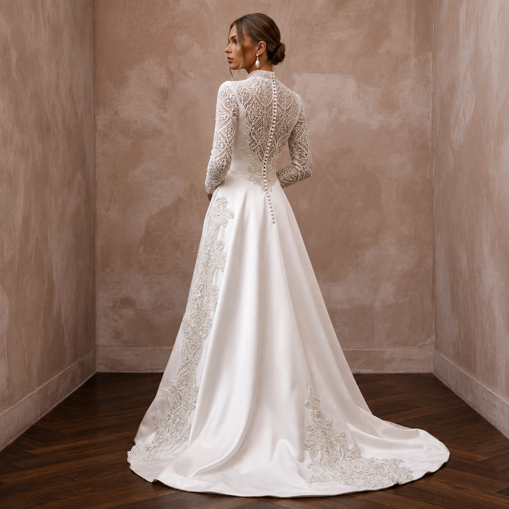 Satin wedding dress with lace back long sleeves and high neckline, flowing full skirt
