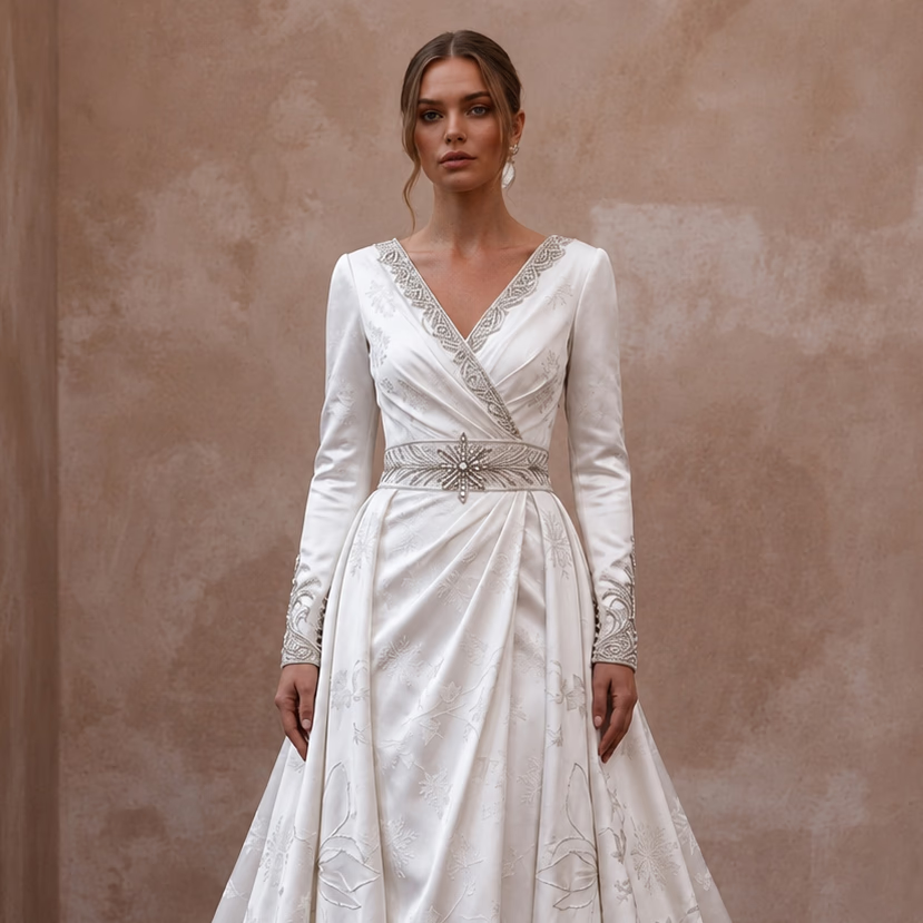 Romantic Satin Wedding Gown for a Winter Ballroom Ceremony