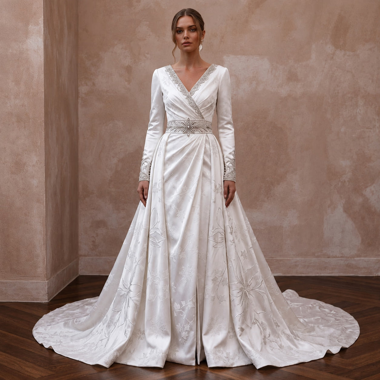 Romantic Satin Wedding Gown for a Winter Ballroom Ceremony