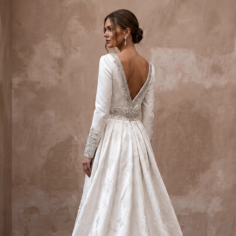 Romantic Satin Wedding Gown for a Winter Ballroom Ceremony