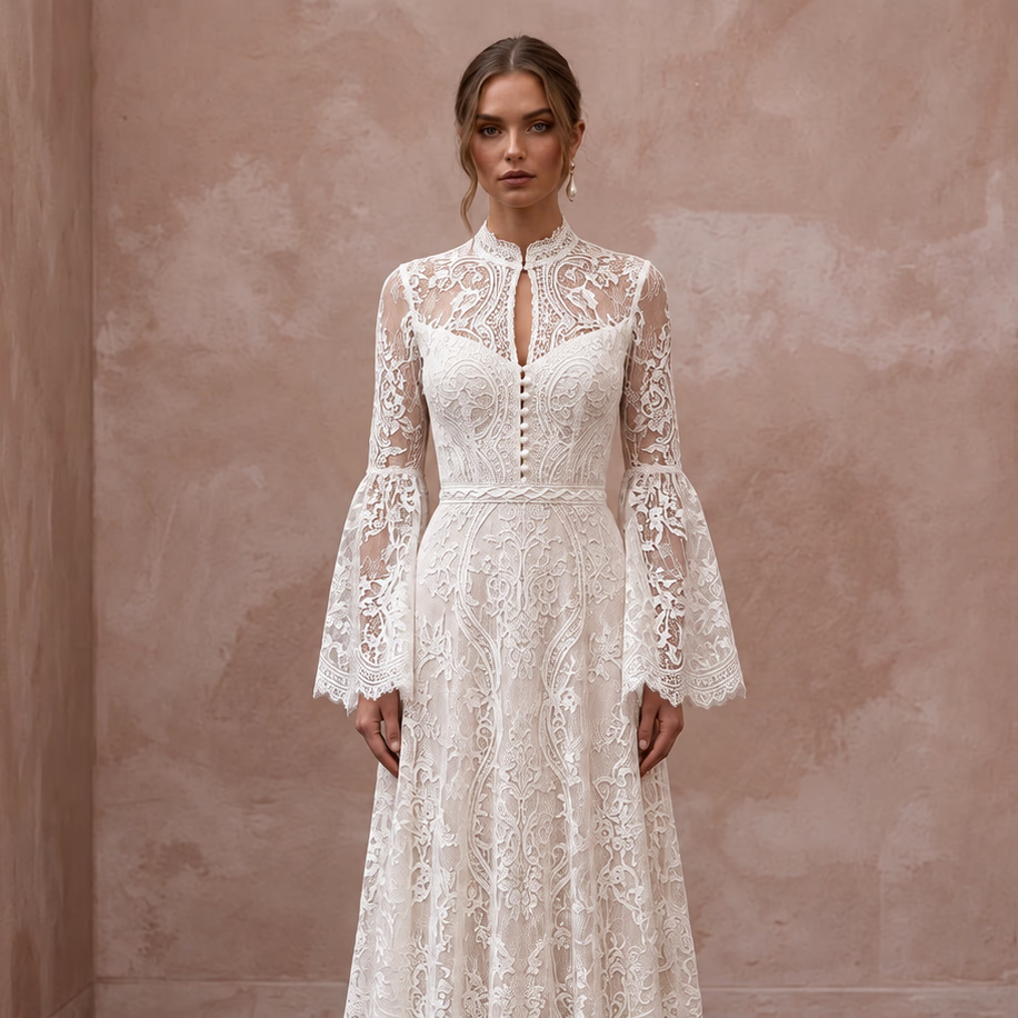 Romantic Soft Ivory French Lace Bell Sleeve Maxi Dress