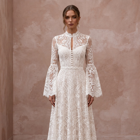 Romantic Soft Ivory French Lace Bell Sleeve Maxi Dress