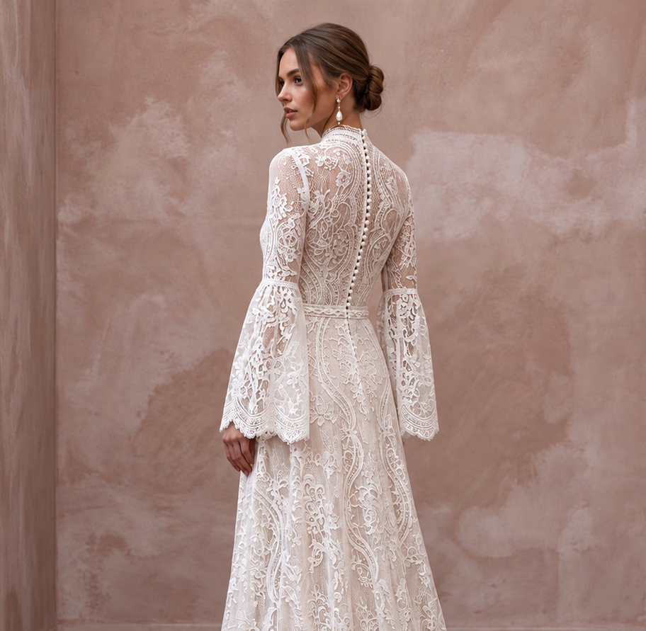 Romantic Soft Ivory French Lace Bell Sleeve Maxi Dress