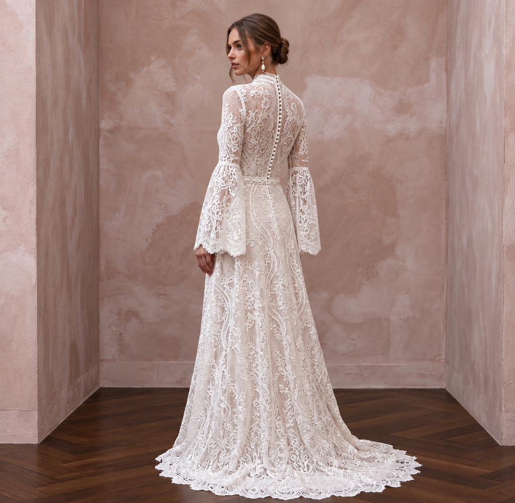 Romantic Soft Ivory French Lace Bell Sleeve Maxi Dress