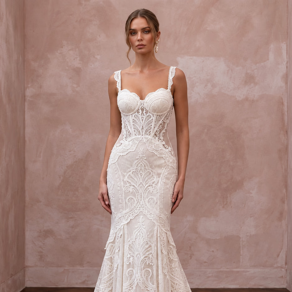 Romantic Soft Ivory Guipure Lace Sweetheart Mermaid Dress