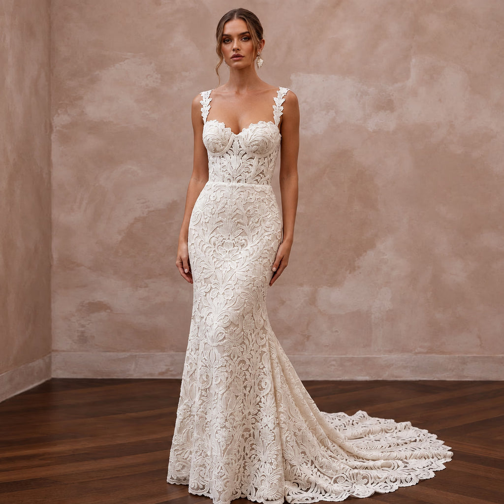 Romantic Soft Ivory Guipure Lace Sweetheart Neckline Mermaid Dress - Apparel & Accessories > Clothing > Wedding & Bridal Party Dresses > Wedding Dresses - Mignonette Bridal