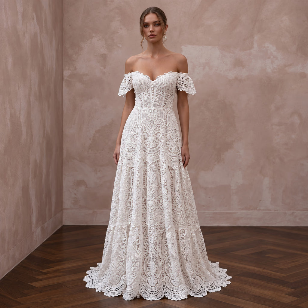 Romantic Soft White Guipure Lace Off - the - Shoulder Bohemian Maxi Gown - Apparel & Accessories > Clothing > Wedding & Bridal Party Dresses > Wedding Dresses - Mignonette Bridal