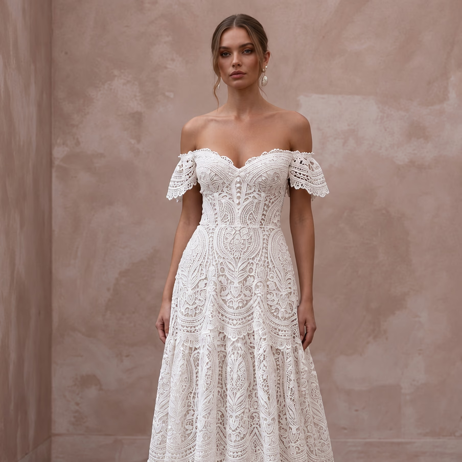 Romantic Soft White Guipure Lace Off - the - Shoulder Bohemian Maxi Gown - Apparel & Accessories > Clothing > Wedding & Bridal Party Dresses > Wedding Dresses - Mignonette Bridal