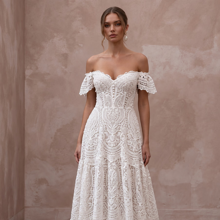 Romantic Soft White Guipure Lace Off - the - Shoulder Bohemian Maxi Gown - Apparel & Accessories > Clothing > Wedding & Bridal Party Dresses > Wedding Dresses - Mignonette Bridal