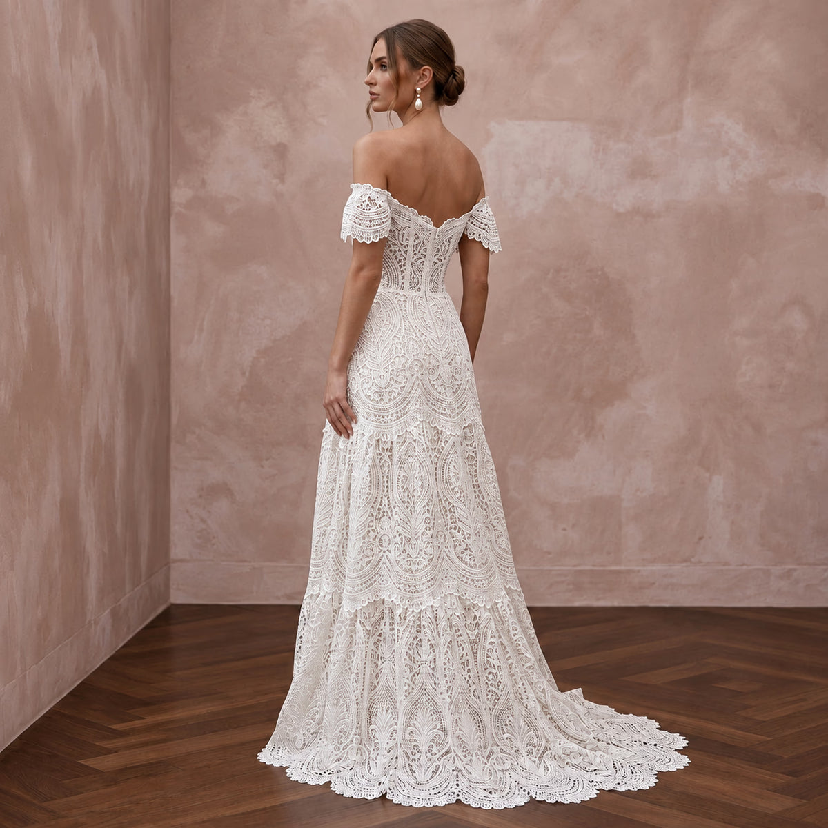Romantic Soft White Guipure Lace Off - the - Shoulder Bohemian Maxi Gown - Apparel & Accessories > Clothing > Wedding & Bridal Party Dresses > Wedding Dresses - Mignonette Bridal
