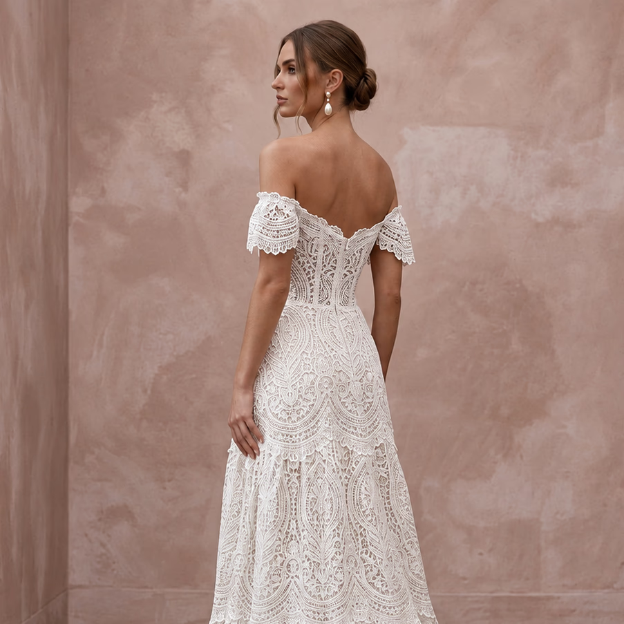 Romantic Soft White Guipure Lace Off - the - Shoulder Bohemian Maxi Gown - Apparel & Accessories > Clothing > Wedding & Bridal Party Dresses > Wedding Dresses - Mignonette Bridal