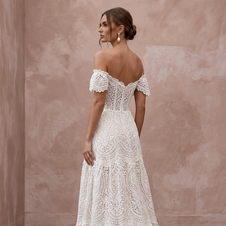 Romantic Soft White Guipure Lace Off - the - Shoulder Bohemian Maxi Gown - Apparel & Accessories > Clothing > Wedding & Bridal Party Dresses > Wedding Dresses - Mignonette Bridal