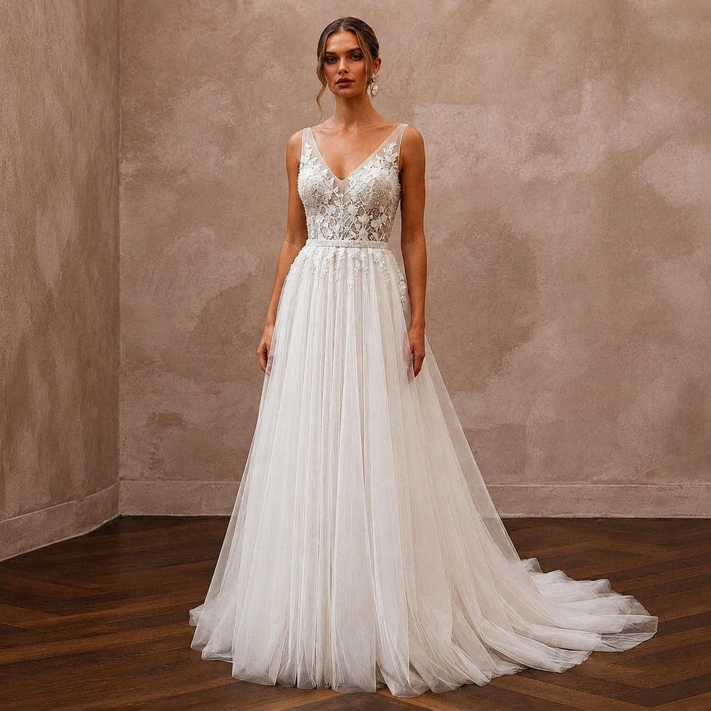 Romantic Tulle A - Line Wedding Dress with Beaded Bodice - Apparel & Accessories > Clothing > Wedding & Bridal Party Dresses > Wedding Dresses - Mignonette Bridal