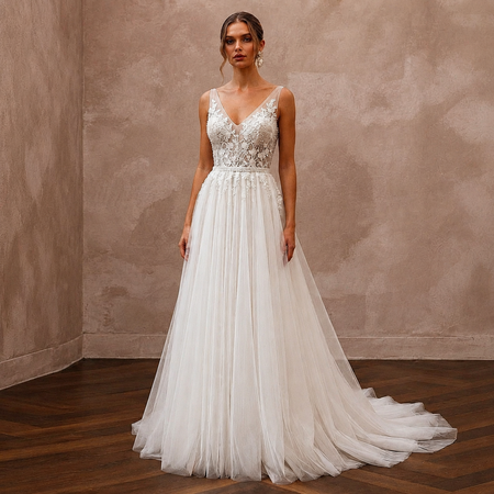 Romantic Tulle A-Line Wedding Dress with Beaded Bodice