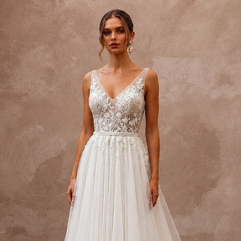 Romantic Tulle A-Line Wedding Dress with Beaded Bodice