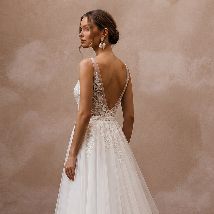Romantic Tulle A - Line Wedding Dress with Beaded Bodice - Apparel & Accessories > Clothing > Wedding & Bridal Party Dresses > Wedding Dresses - Mignonette Bridal