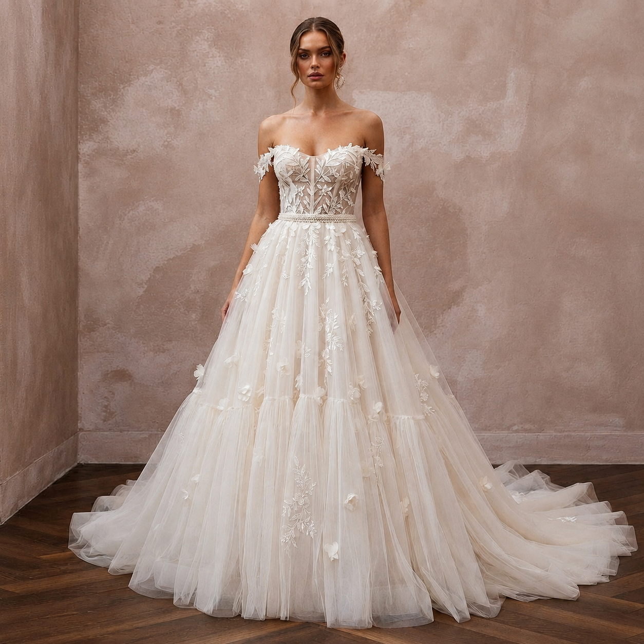 Romantic Tulle Ball Gown Wedding Dress with Off-the-Shoulder Neckline