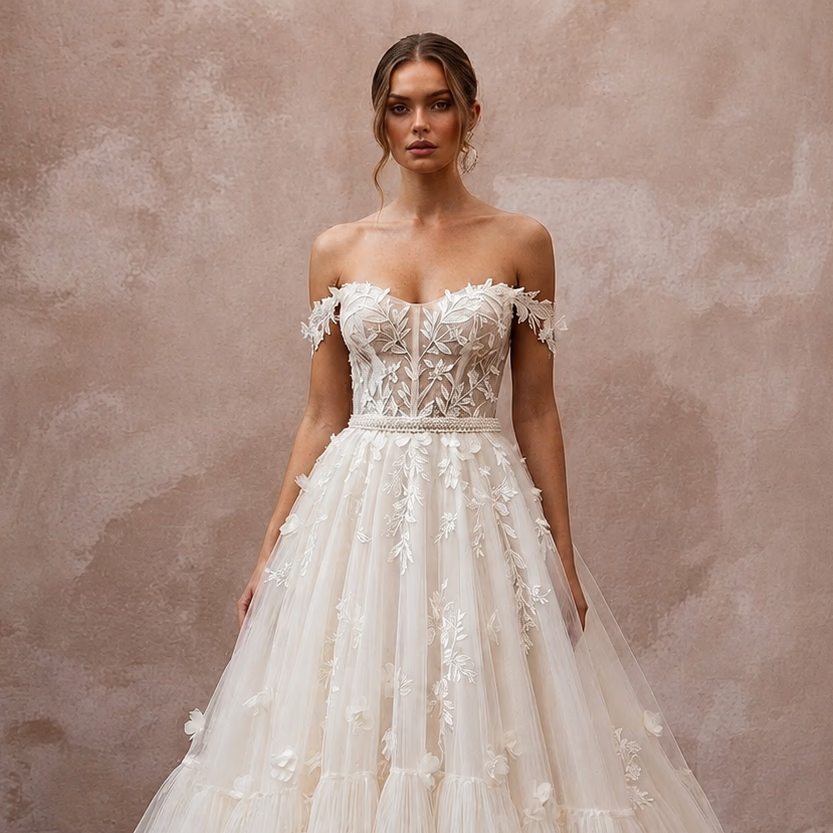 Romantic Tulle Ball Gown Wedding Dress with Off - the - Shoulder Neckline - Apparel & Accessories > Clothing > Wedding & Bridal Party Dresses > Wedding Dresses - Mignonette Bridal