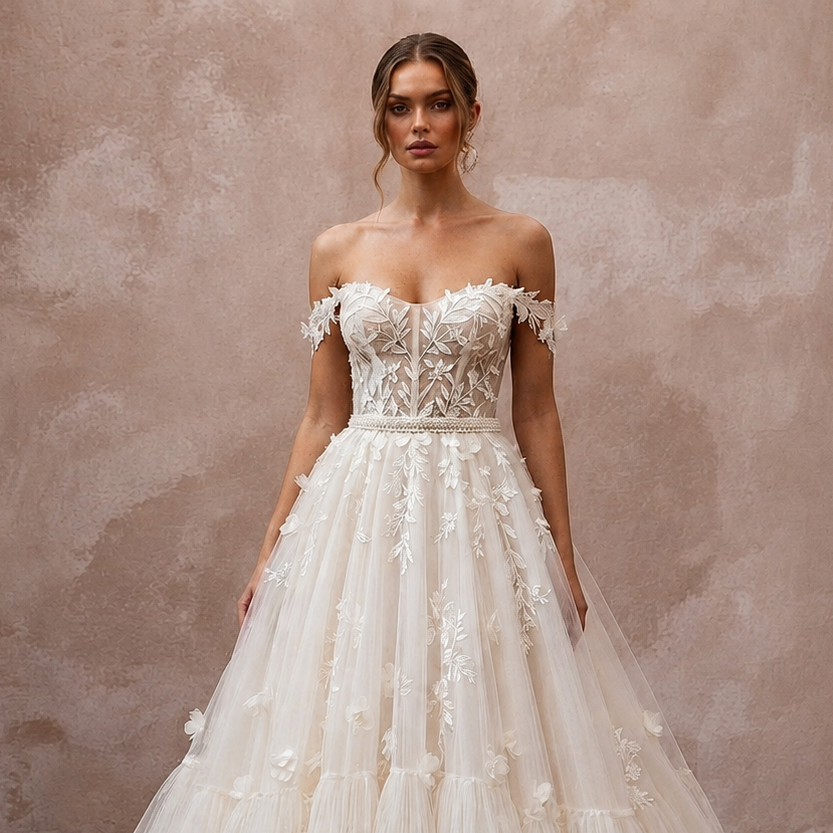 Romantic Tulle Ball Gown Wedding Dress with Off-the-Shoulder Neckline
