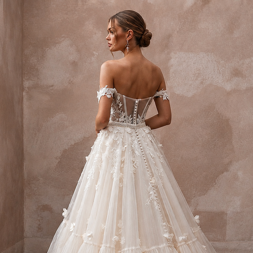 Romantic Tulle Ball Gown Wedding Dress with Off-the-Shoulder Neckline