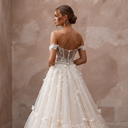 Romantic Tulle Ball Gown Wedding Dress with Off-the-Shoulder Neckline