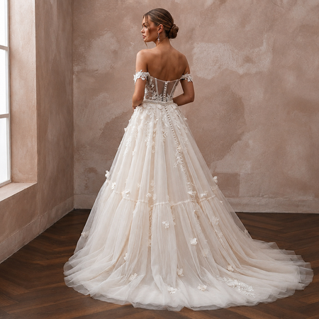 Romantic Tulle Ball Gown Wedding Dress with Off-the-Shoulder Neckline