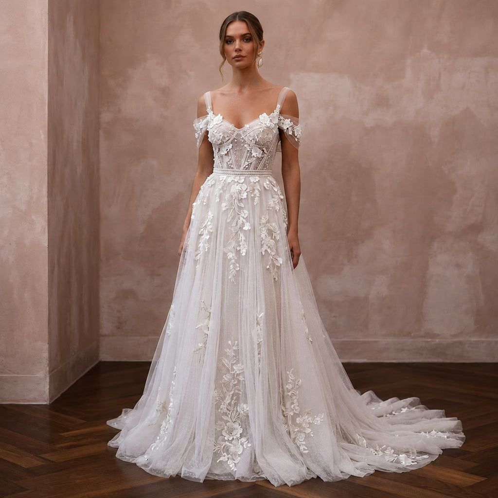 Romantic Tulle Bridal Dress for a European Destination Wedding - Apparel & Accessories > Clothing > Wedding & Bridal Party Dresses > Wedding Dresses - Mignonette Bridal