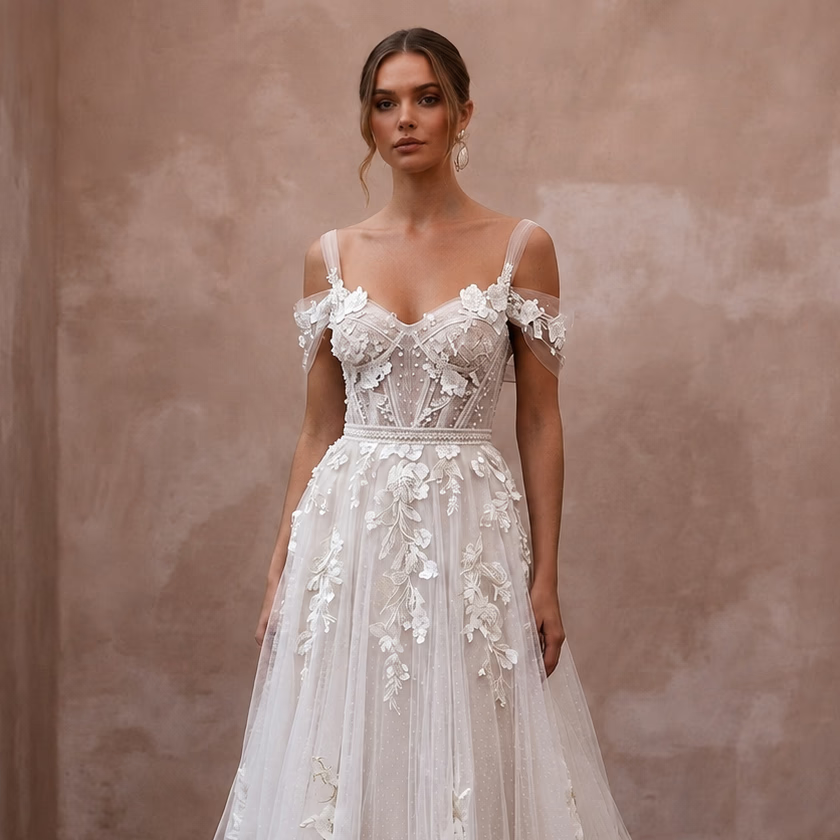 Romantic Tulle Bridal Dress for a European Destination Wedding - Apparel & Accessories > Clothing > Wedding & Bridal Party Dresses > Wedding Dresses - Mignonette Bridal