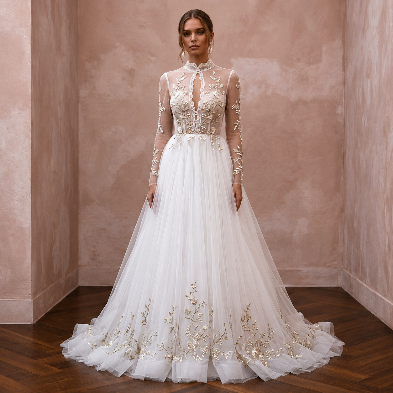 Tulle wedding dress with high neck, long sleeves, embroidered bodice, and full skirt