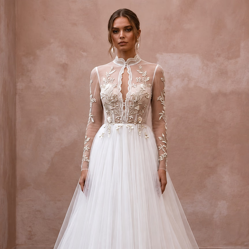 Ivory high-neck sheer tulle wedding dress with long sleeves and embroidered bodice