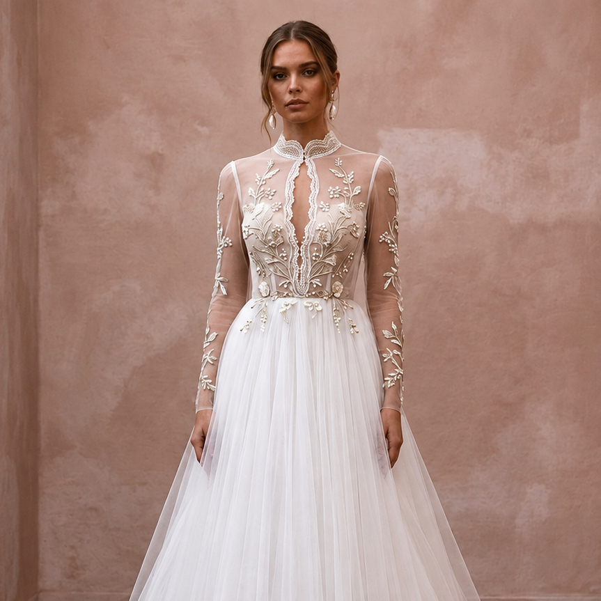 Ivory high-neck sheer tulle wedding dress with long sleeves and embroidered bodice