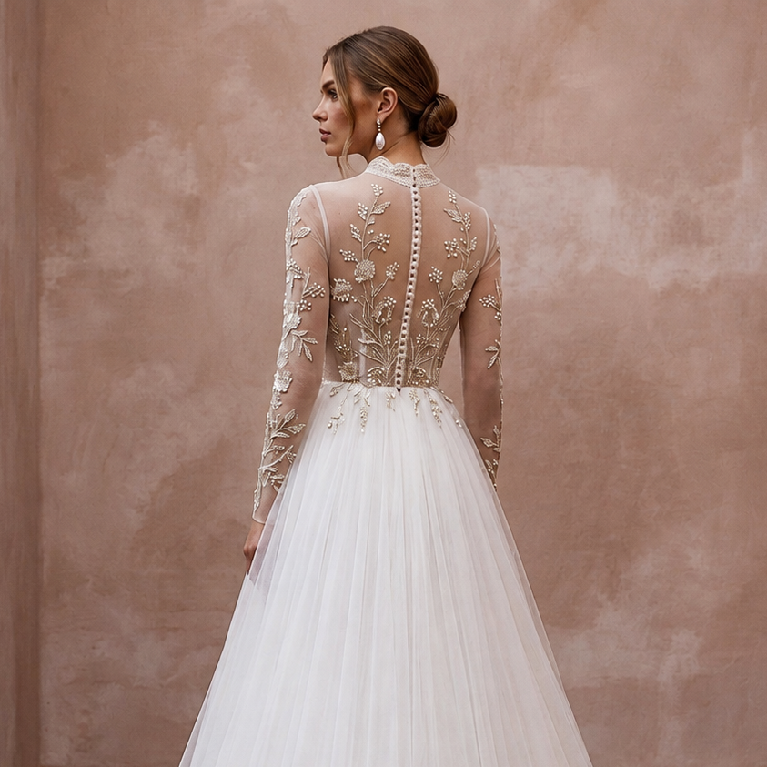 High-neck tulle wedding dress with sheer floral lace long sleeves and full skirt