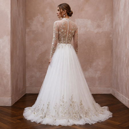 Ivory tulle A-line wedding dress with long sleeves, high back, and floral hem embroidery