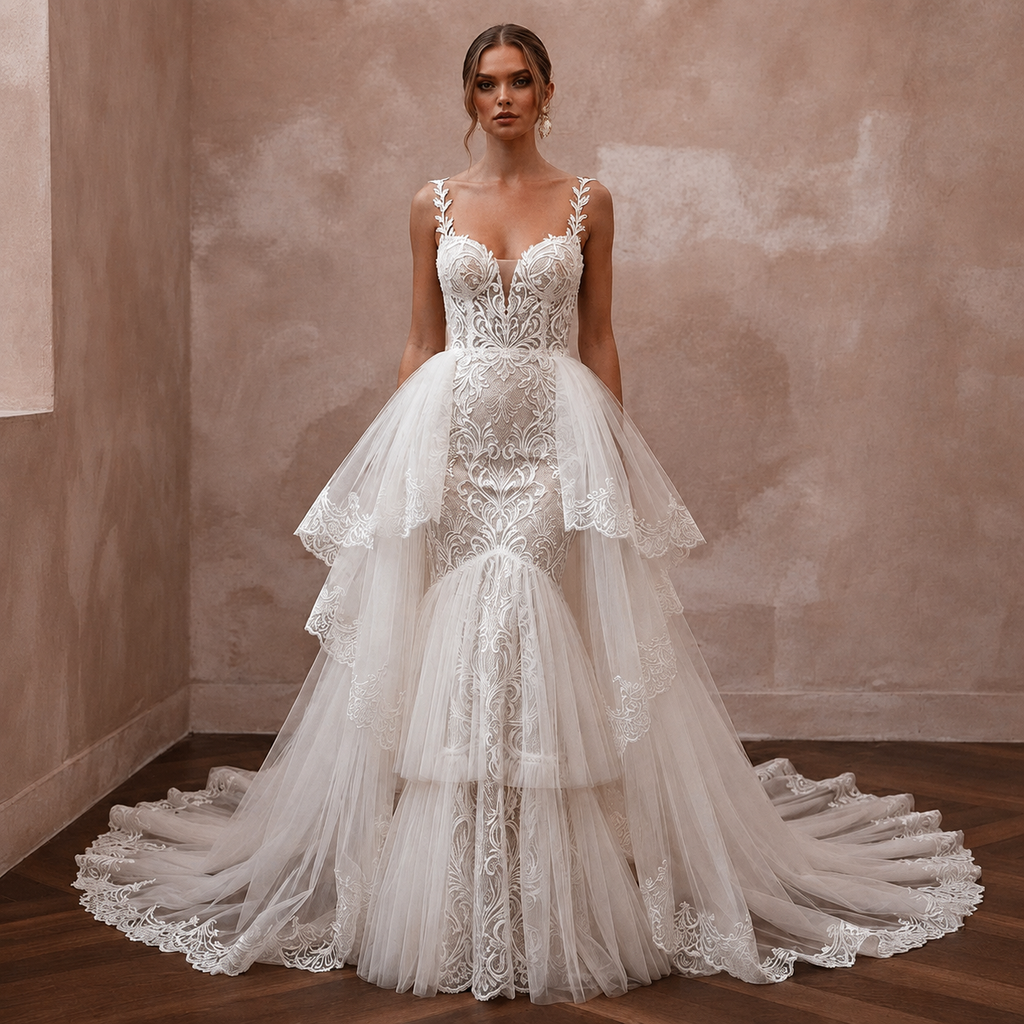 Romantic Tulle Mermaid Wedding Dress with Detachable Train