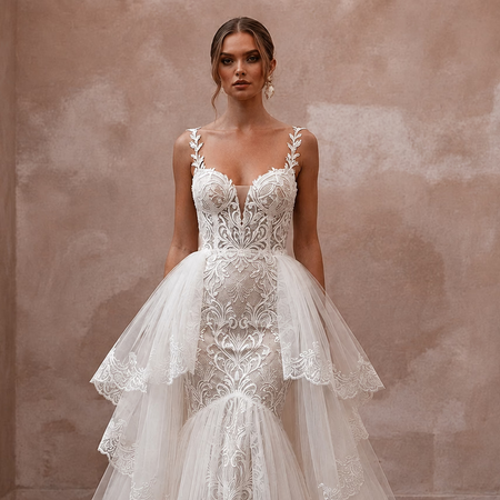 Romantic Tulle Mermaid Wedding Dress with Detachable Train - Apparel & Accessories > Clothing > Wedding & Bridal Party Dresses > Wedding Dresses - Mignonette Bridal