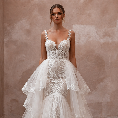 Romantic Tulle Mermaid Wedding Dress with Detachable Train