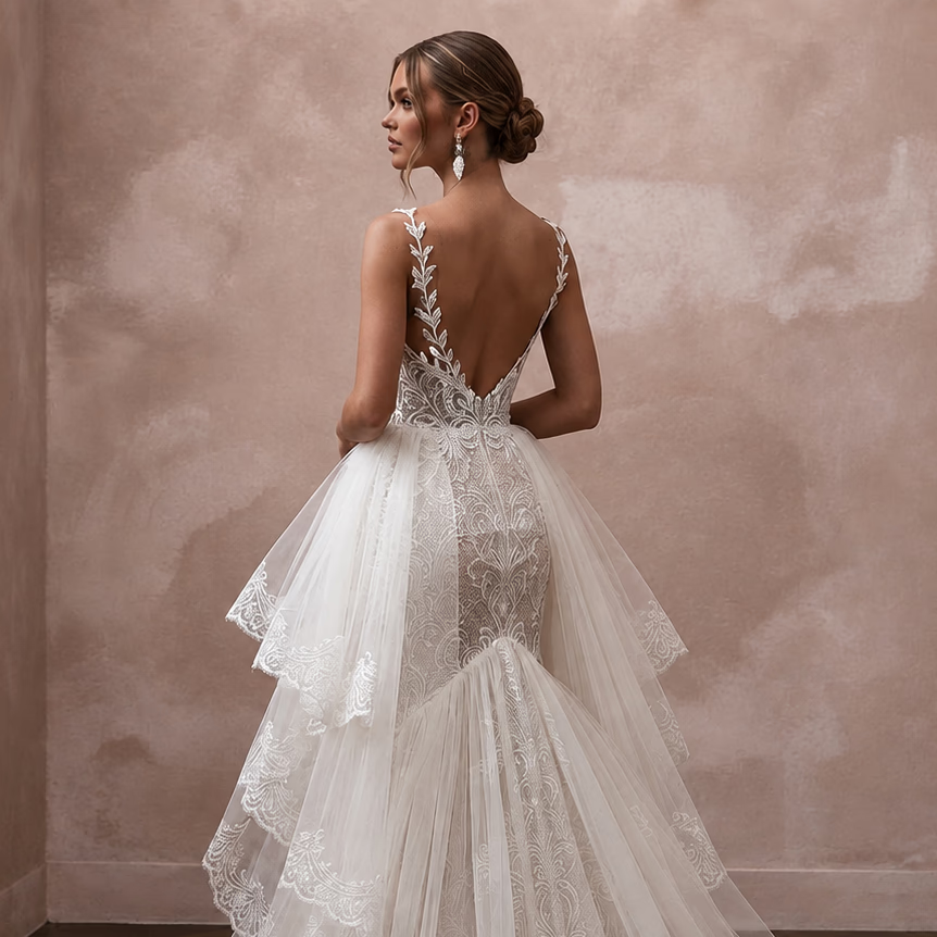 Romantic Tulle Mermaid Wedding Dress with Detachable Train - Apparel & Accessories > Clothing > Wedding & Bridal Party Dresses > Wedding Dresses - Mignonette Bridal