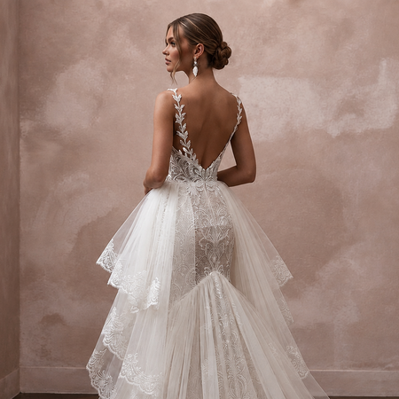 Romantic Tulle Mermaid Wedding Dress with Detachable Train