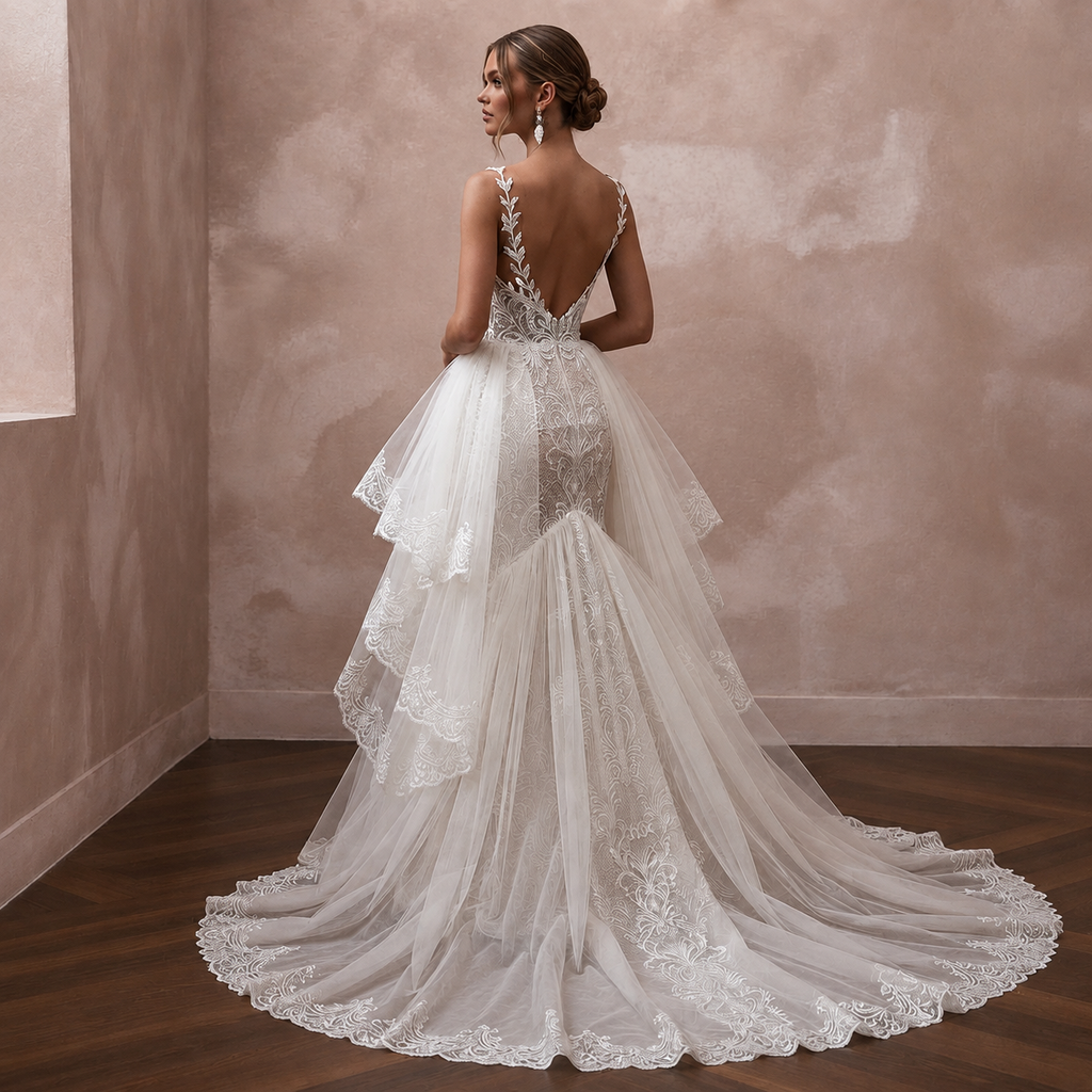 Romantic Tulle Mermaid Wedding Dress with Detachable Train