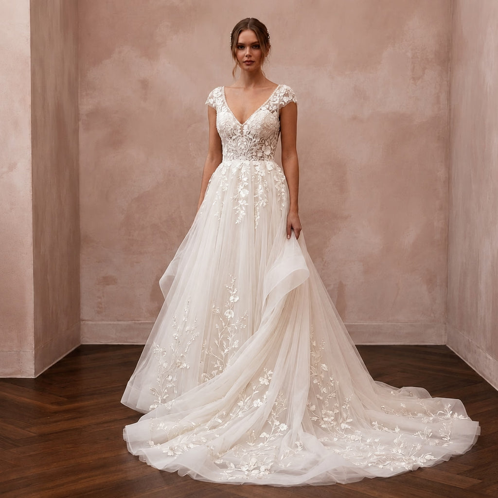 Romantic Tulle Open Back Wedding Dress with Detachable Train