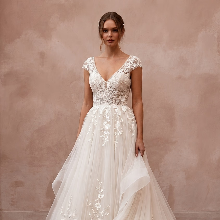 Romantic Tulle Open Back Wedding Dress with Detachable Train