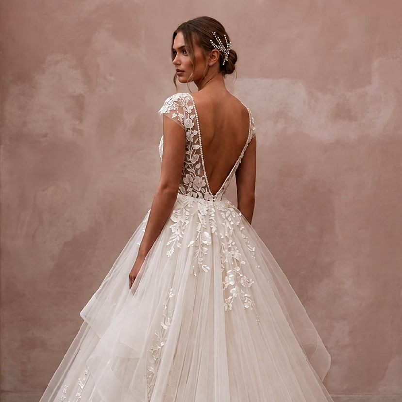 Romantic Tulle Open Back Wedding Dress with Detachable Train