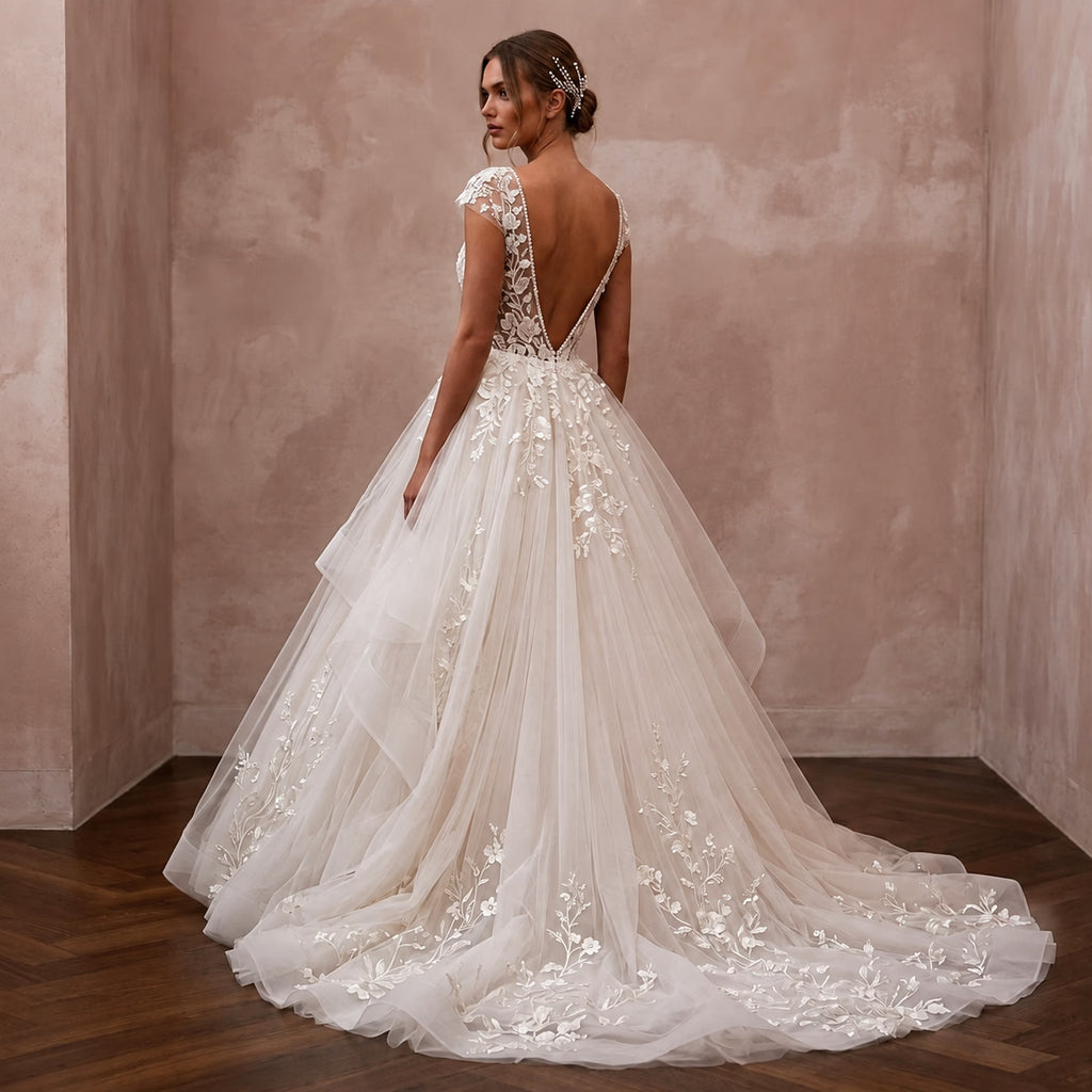 Romantic Tulle Open Back Wedding Dress with Detachable Train