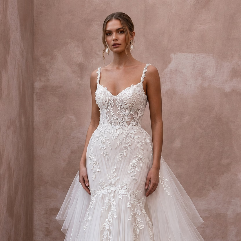 Romantic Tulle Trumpet Wedding Dress with Detachable Train - Apparel & Accessories > Clothing > Wedding & Bridal Party Dresses > Wedding Dresses - Mignonette Bridal