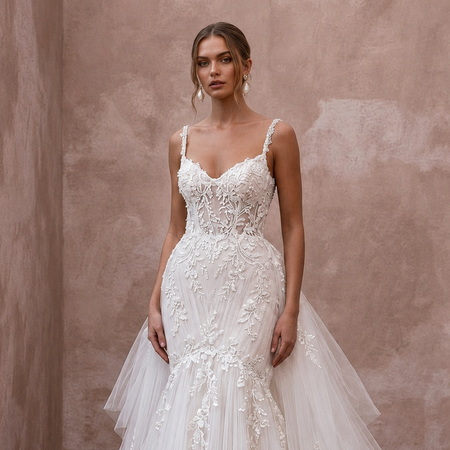 Romantic Tulle Trumpet Wedding Dress with Detachable Train - Apparel & Accessories > Clothing > Wedding & Bridal Party Dresses > Wedding Dresses - Mignonette Bridal