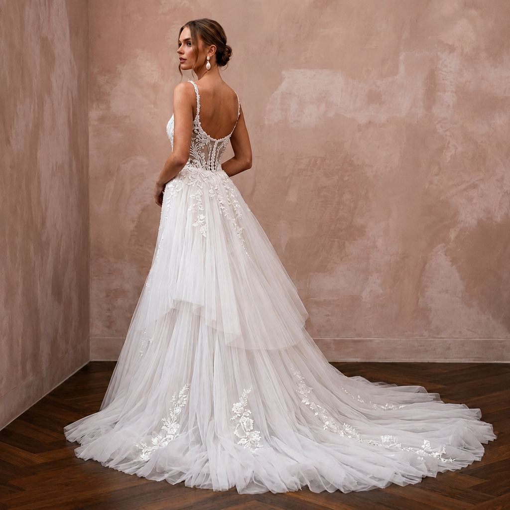 Romantic Tulle Trumpet Wedding Dress with Detachable Train - Apparel & Accessories > Clothing > Wedding & Bridal Party Dresses > Wedding Dresses - Mignonette Bridal