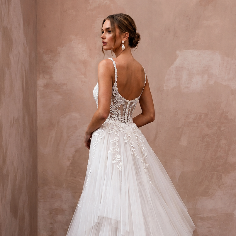 Romantic Tulle Trumpet Wedding Dress with Detachable Train - Apparel & Accessories > Clothing > Wedding & Bridal Party Dresses > Wedding Dresses - Mignonette Bridal