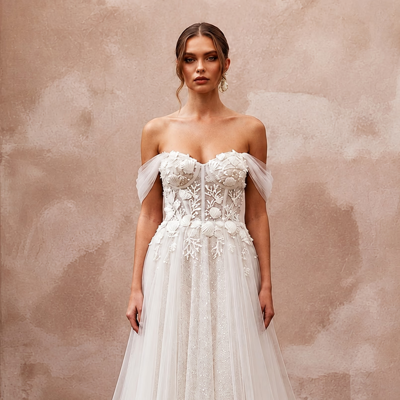Romantic Tulle Wedding Dress with A-Line Silhouette for a Beach Wedding