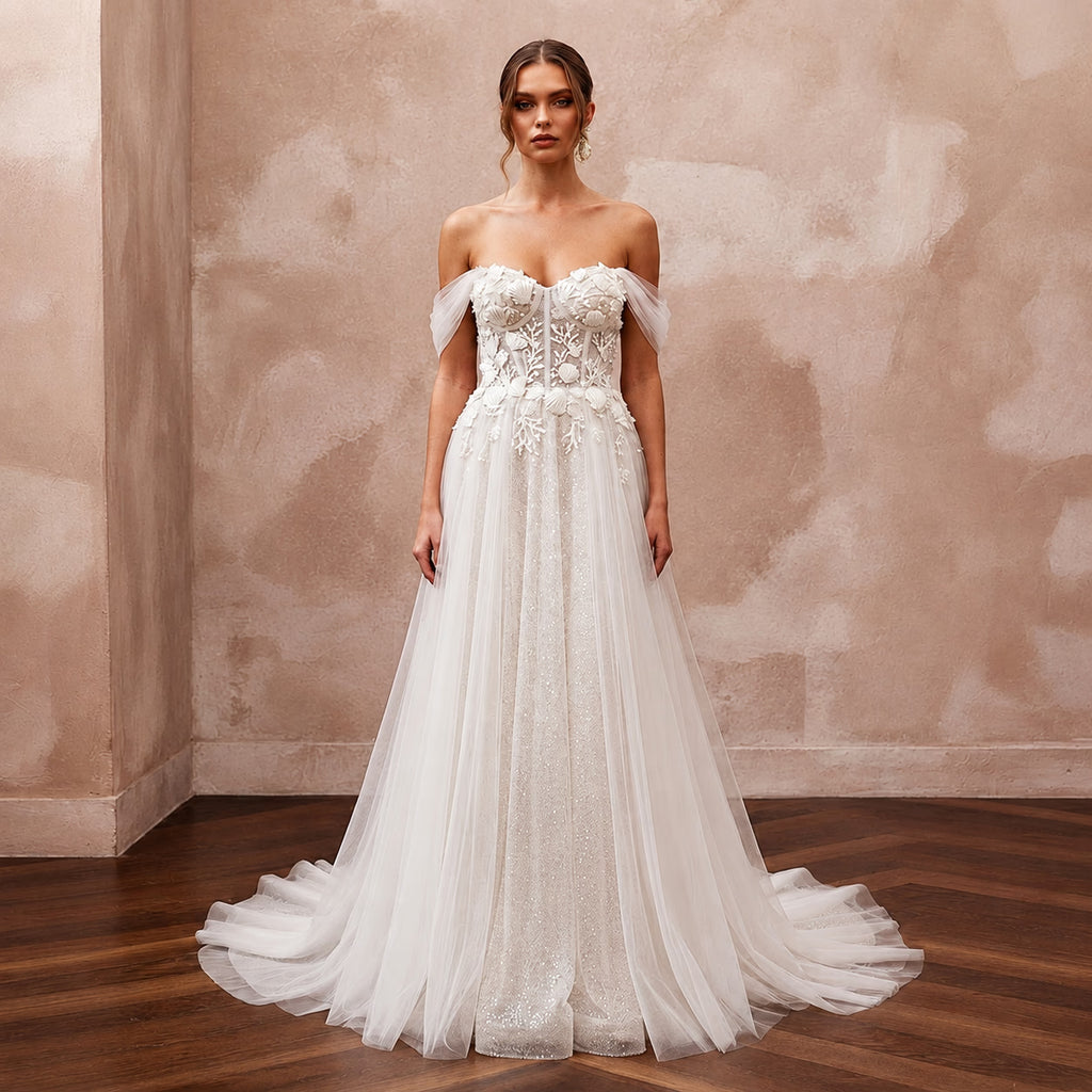 Romantic Tulle Wedding Dress with A-Line Silhouette for a Beach Wedding