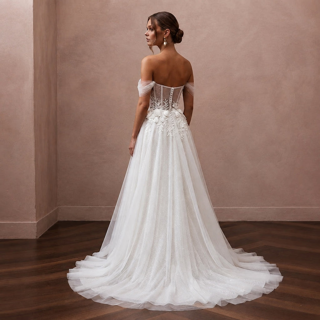 Romantic Tulle Wedding Dress with A-Line Silhouette for a Beach Wedding